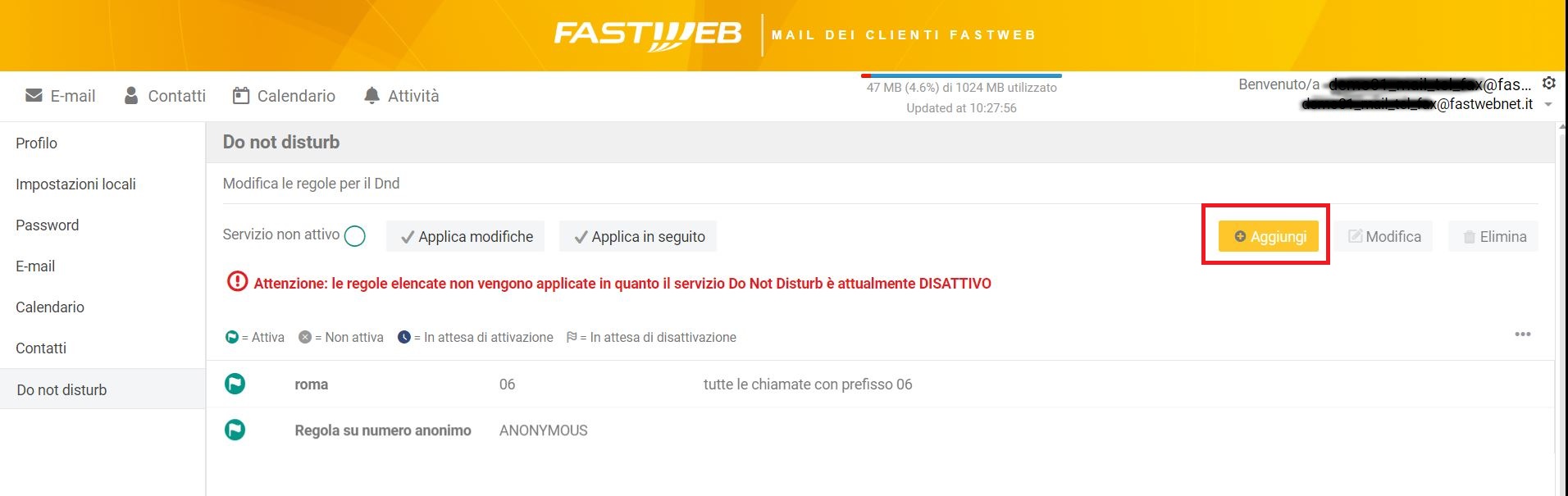 MyFastweb Do not disturb